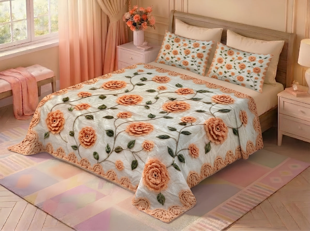 Yellow Rose 280-TC Printed Crochet Paradise Bedsheet Set - (Mustard)