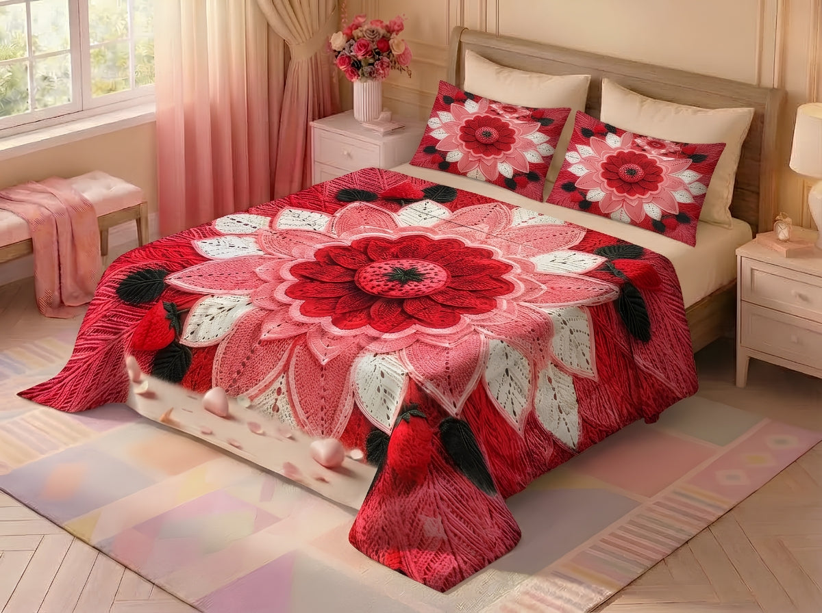 Strawberry Bloom 280-TC Printed Crochet Paradise Bedsheet Set - (Red)