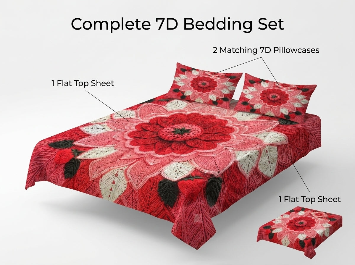 Strawberry Bloom 280-TC Printed Crochet Paradise Bedsheet Set - (Red)