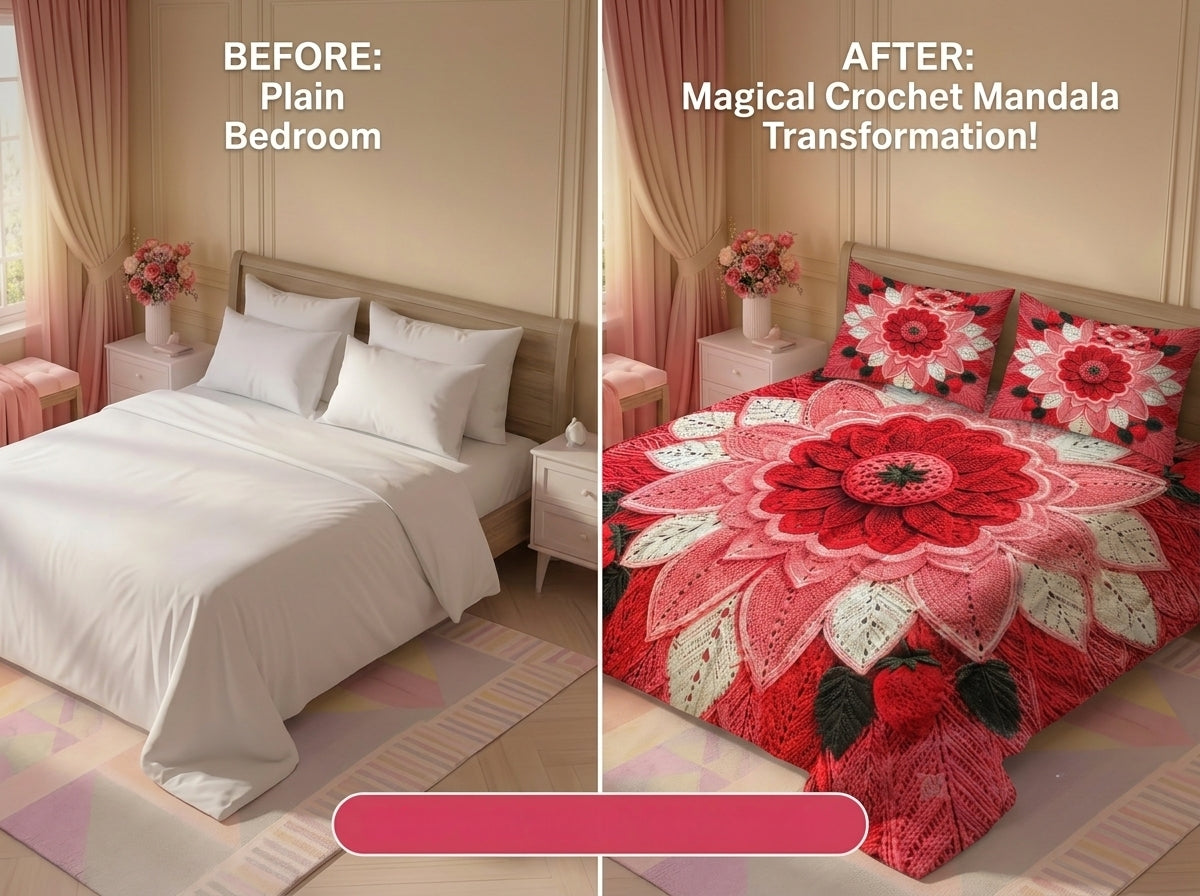 Strawberry Bloom 280-TC Printed Crochet Paradise Bedsheet Set - (Red)