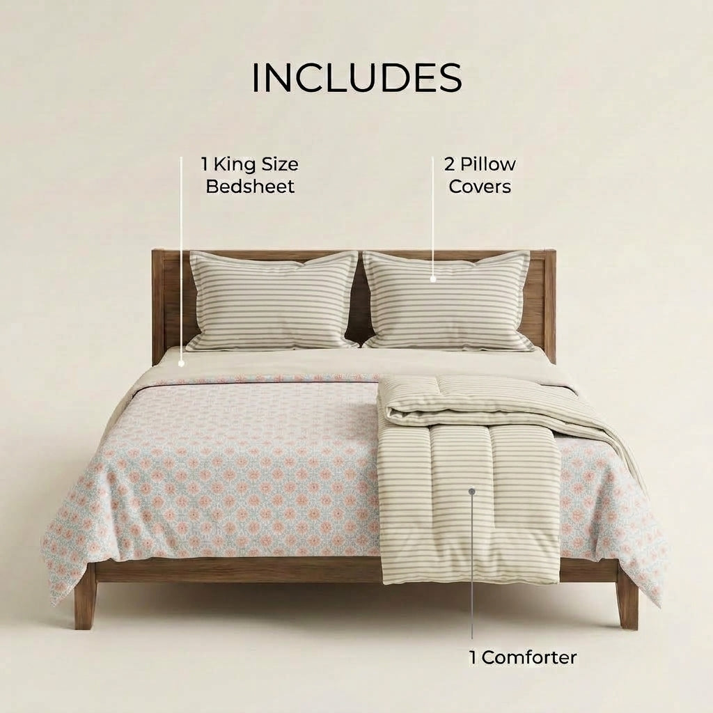 Meadow Sprig Cotton Bedsheet & Comforter Set