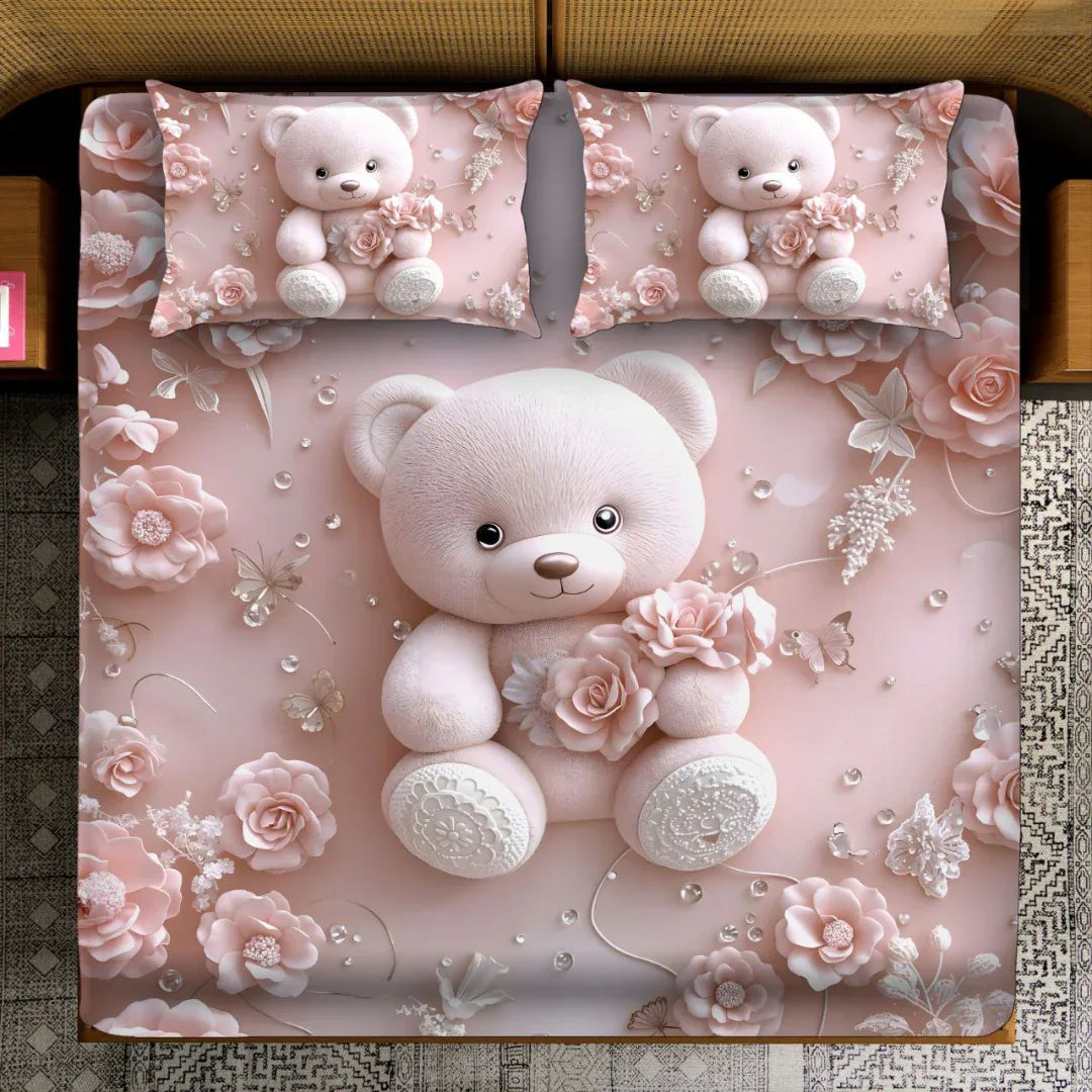 Fairy Tale Baby Teddy Double Bedsheet Set – Pink - VIRASAAH