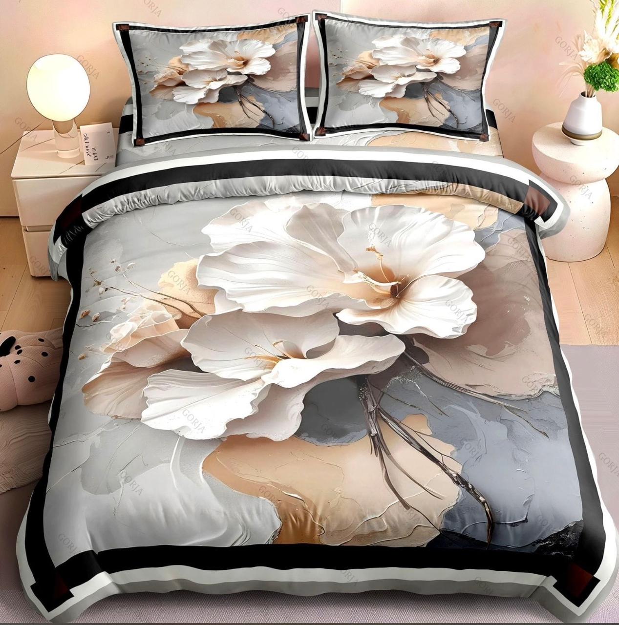 7D Aura Flora Premium King Size Bedsheet (Beige-White)