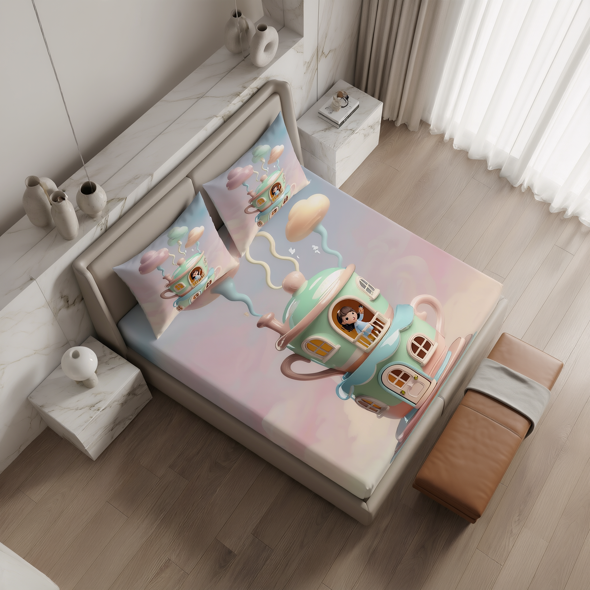 Fairy Tale Tea House 7D Bedsheet Set - Cream