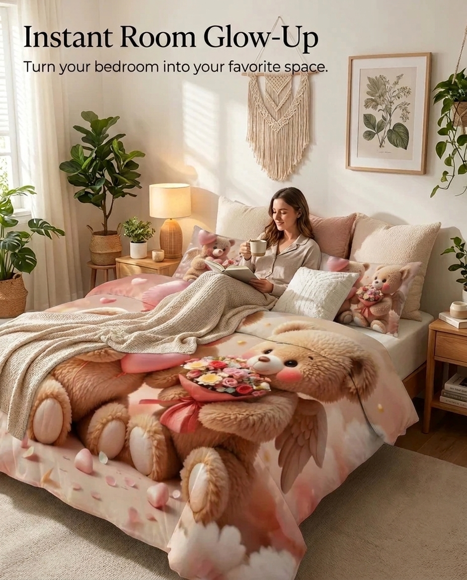 Fairy Tale Blush Bear 7D Bedsheet Set - Pink