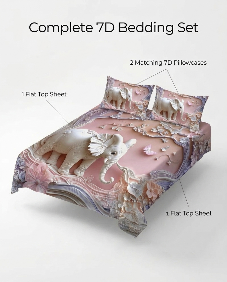 Fairy Tale Elephant 7D Bedsheet Set – Pink