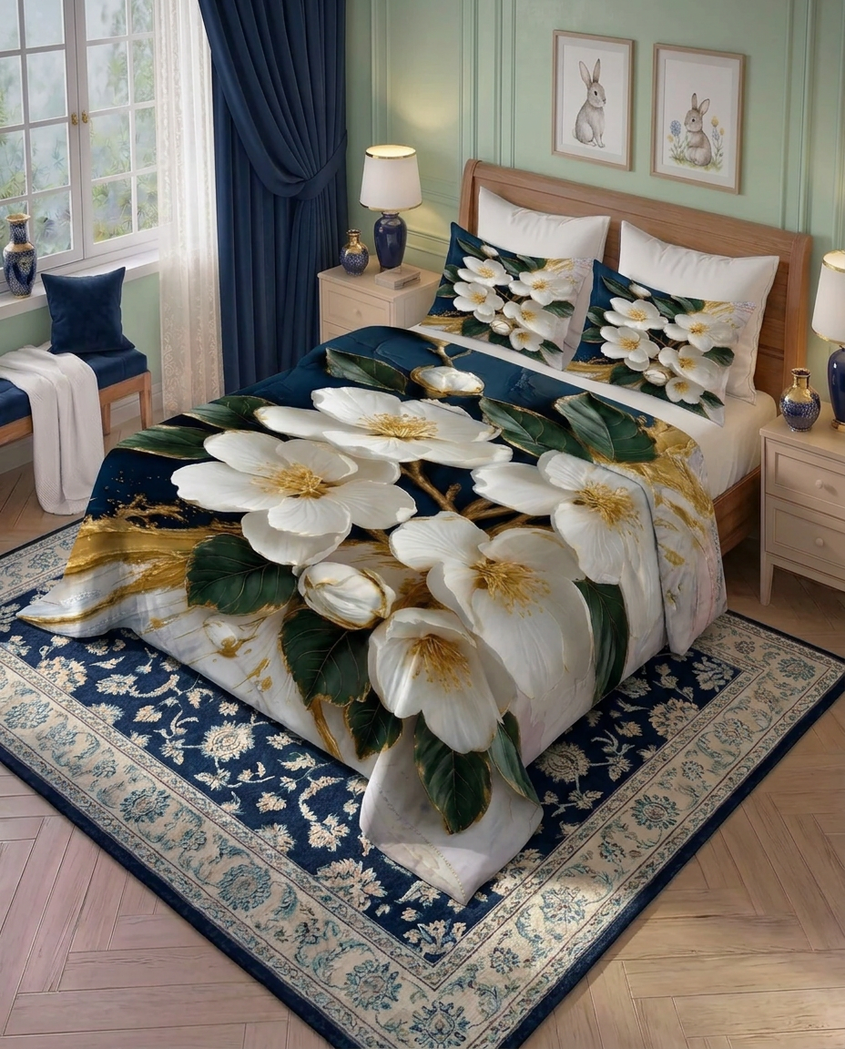 Fairy Tale White Orchid 7D Bedsheet Set – (Navy Blue)