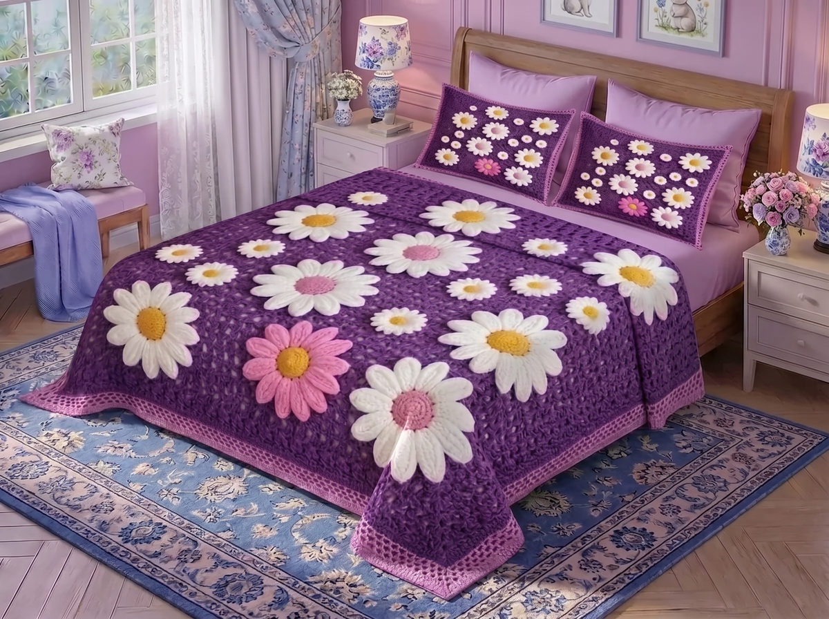 Purple Petal 280-TC Printed Crochet Paradise Bedsheet Set - (Violet)