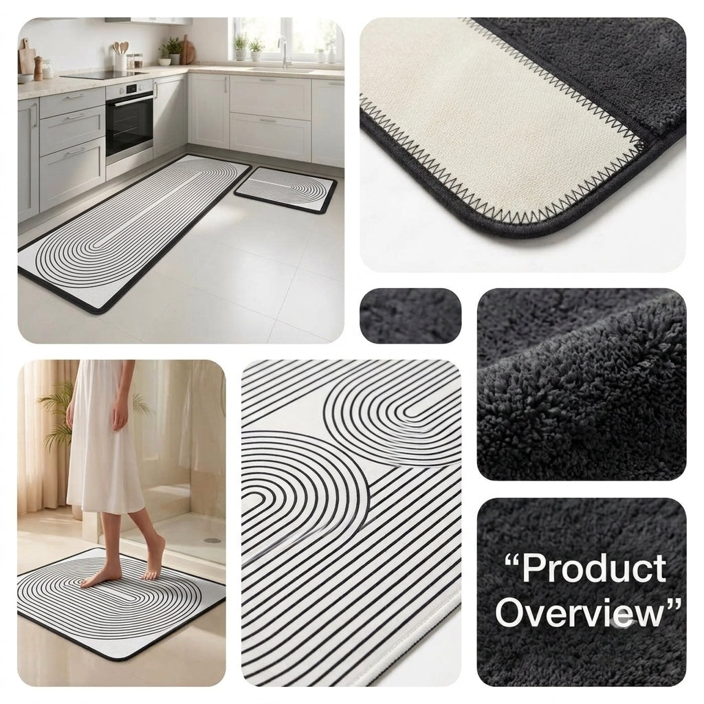 Virasaah Linear Wave Designer Floor Mat (White & Grey)