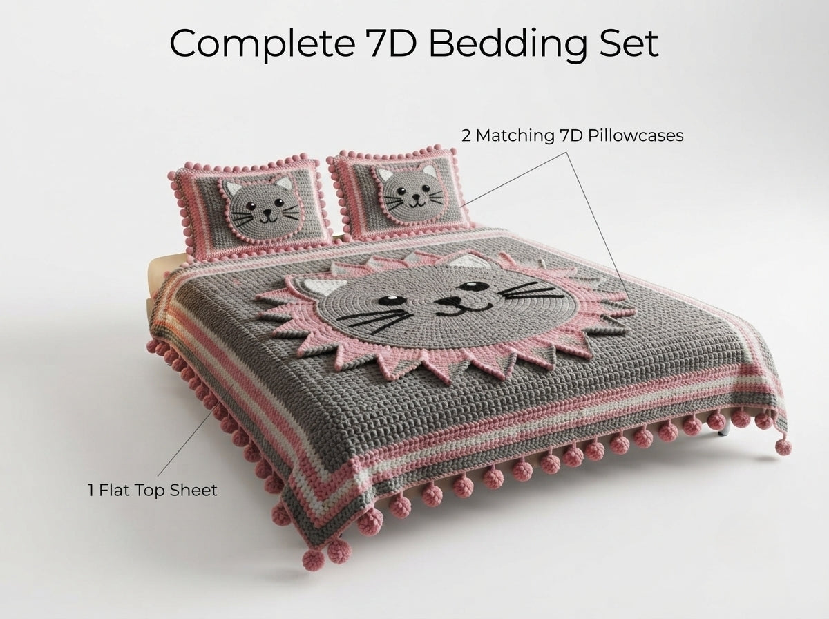 Pink Kitty 280-TC Printed Crochet Paradise Bedsheet Set - (Grey & Pink)