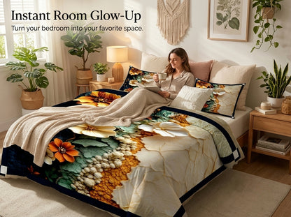 7D Golden Bloom Fusion 280-TC Premium Bedsheet (Golden-Cream)