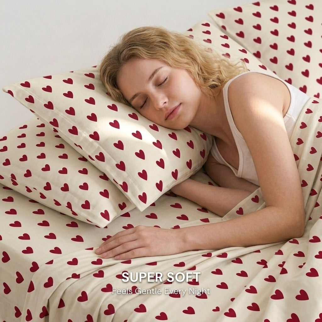 Little Hearts 320-TC Cherry Gingham  Bedsheet (Red & Ivory)