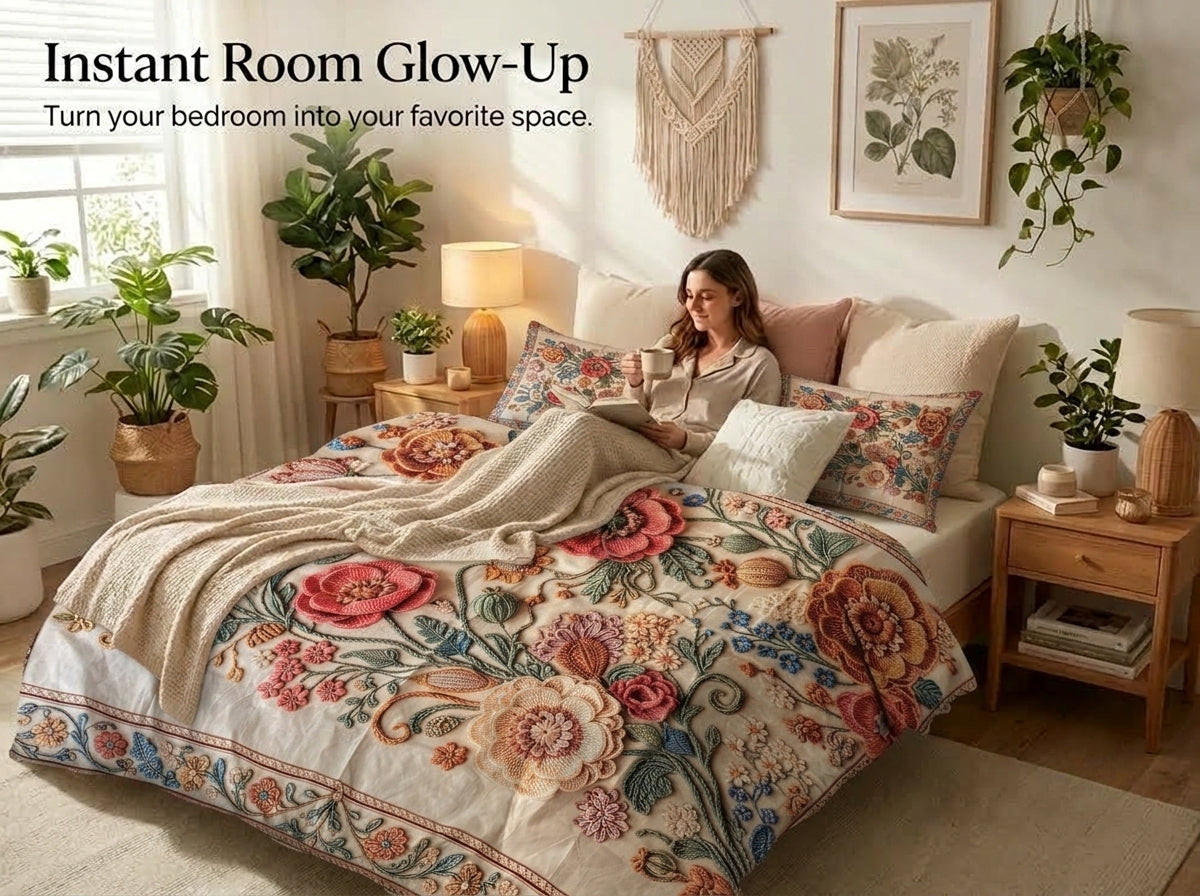 Vintage Floral 280-TC Printed Crochet Paradise Bedsheet Set - (Pastel Multicolor)