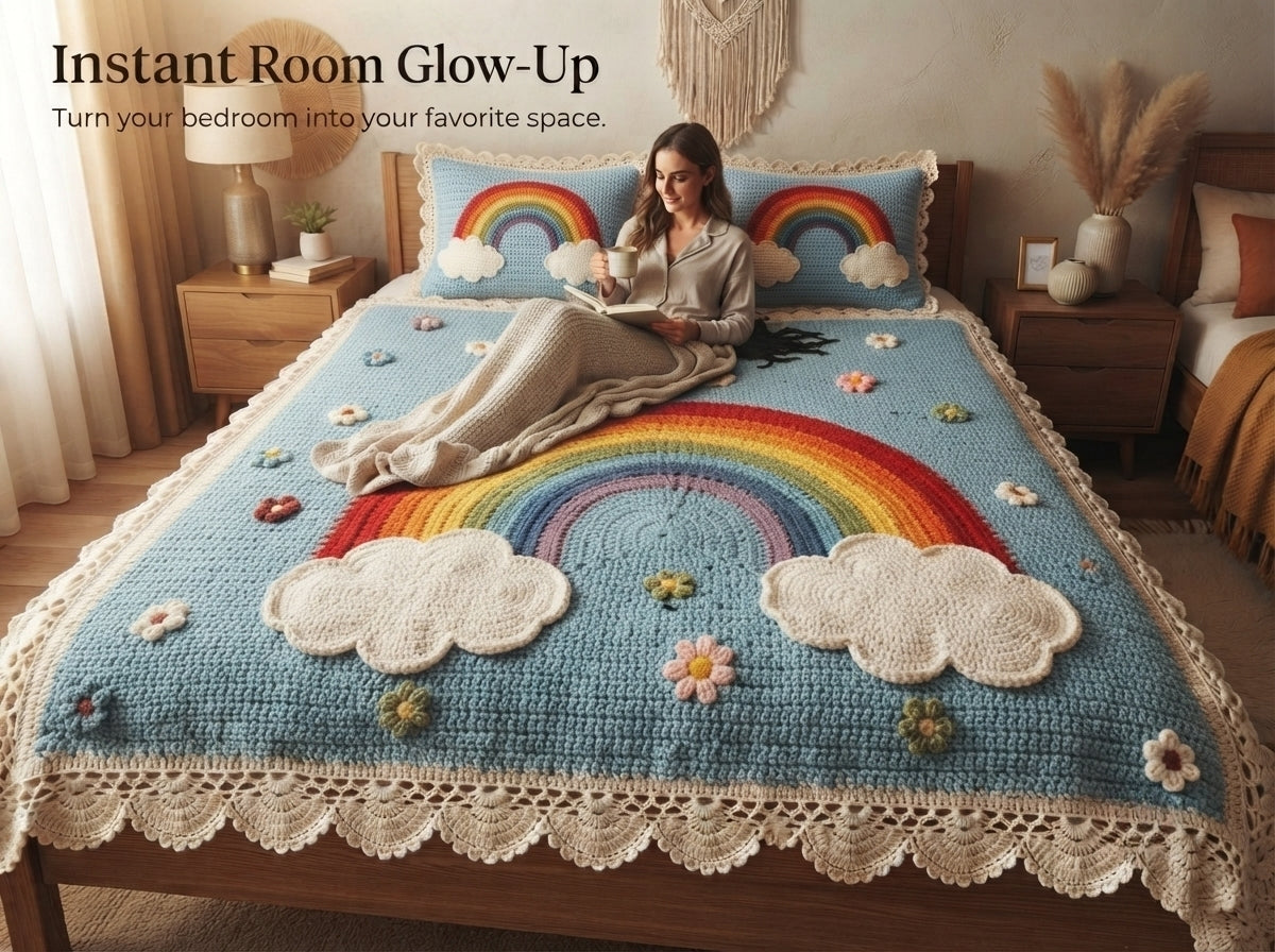 Rainbow Cloud 280-TC Printed Crochet Paradise Bedsheet Set - (Sky Blue)
