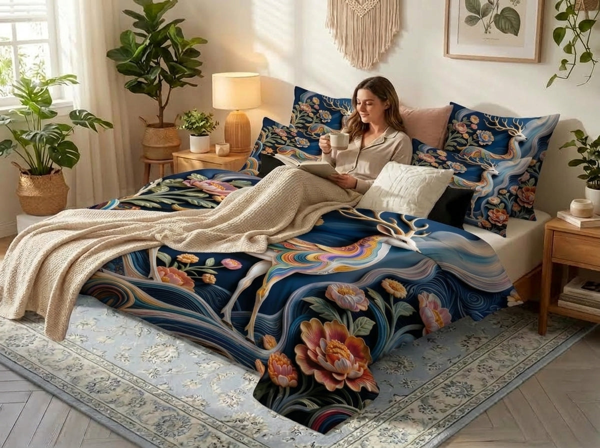Fairy Tale Deer 280-TC 7D Bedsheet Set – (Navy Blue)