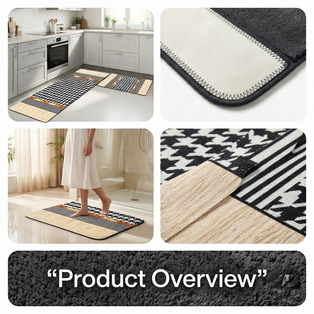Virasaah Checkered Blocks Designer Floor Mat (Black & Beige)