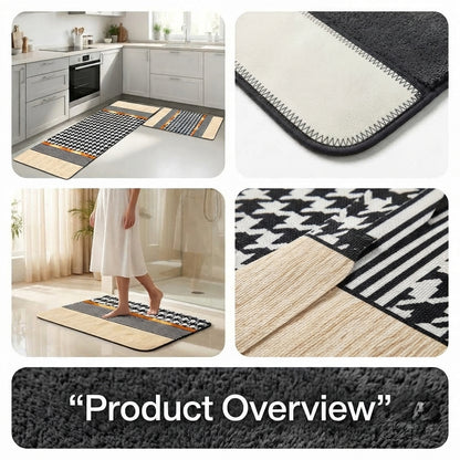 Virasaah Checkered Blocks Designer Floor Mat (Black & Beige)