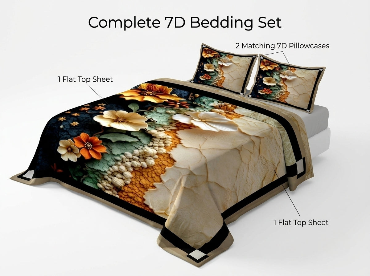 7D Golden Bloom Fusion 280-TC Premium Bedsheet (Golden-Cream)