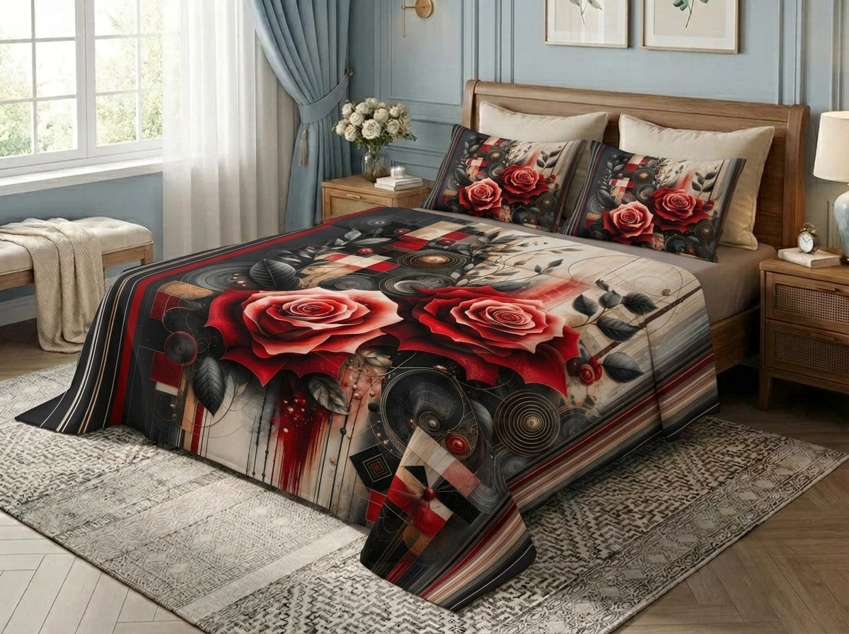 Crimson Rose Fusion 280-TC 7D Bedsheet Set - (Black & Red)