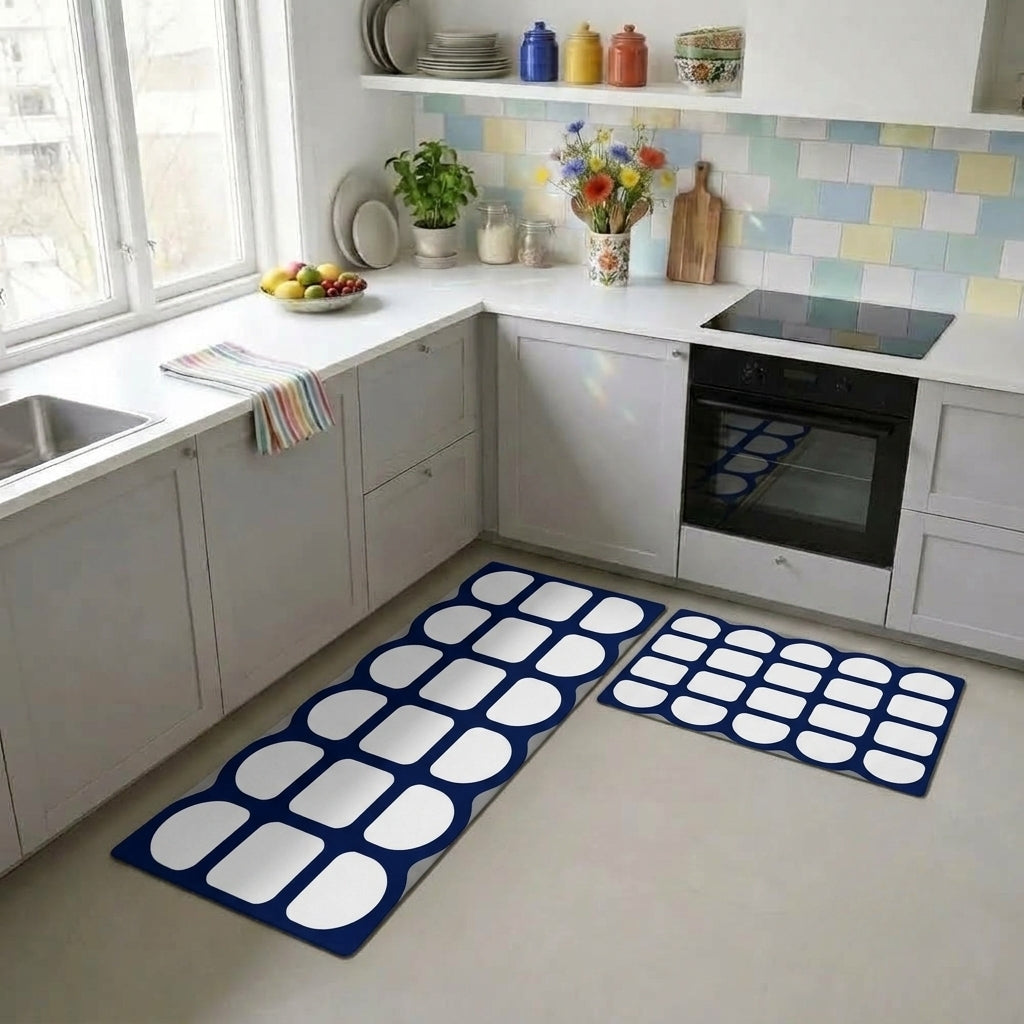 Virasaah Navy Rounded  Designer Floor Mat (Blue & White)