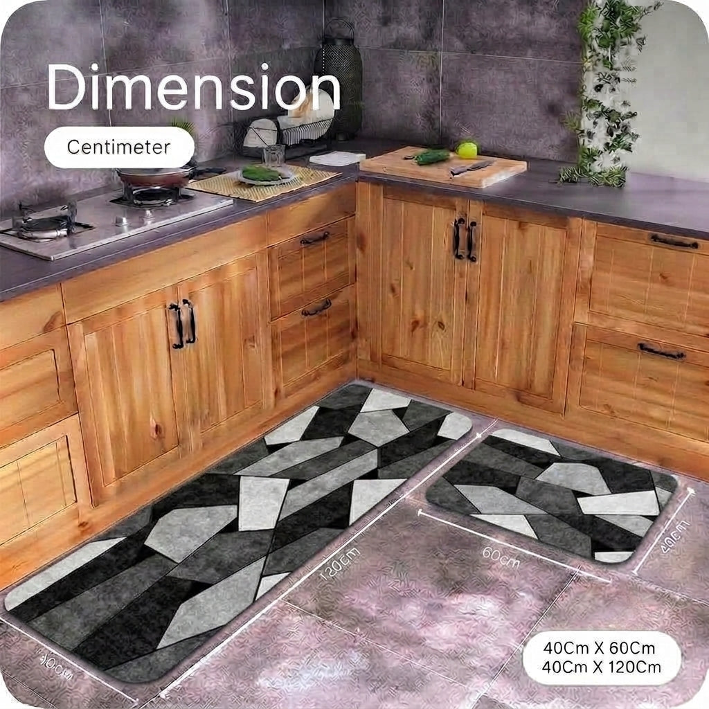 Virasaah Geometric Blocks Designer Floor Mat (Grey & Black)