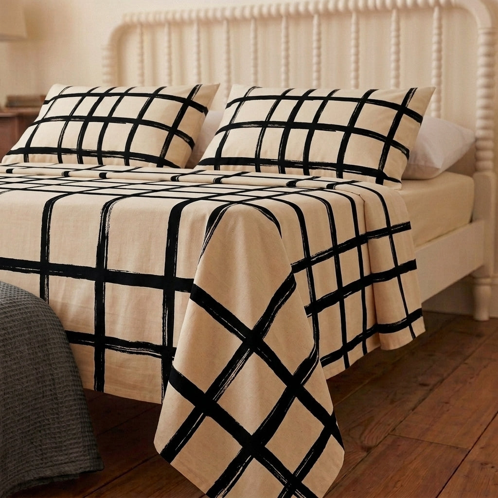 Monochrome Grid 320-TC Cherry Gingham Bedsheet (Black & Ivory)