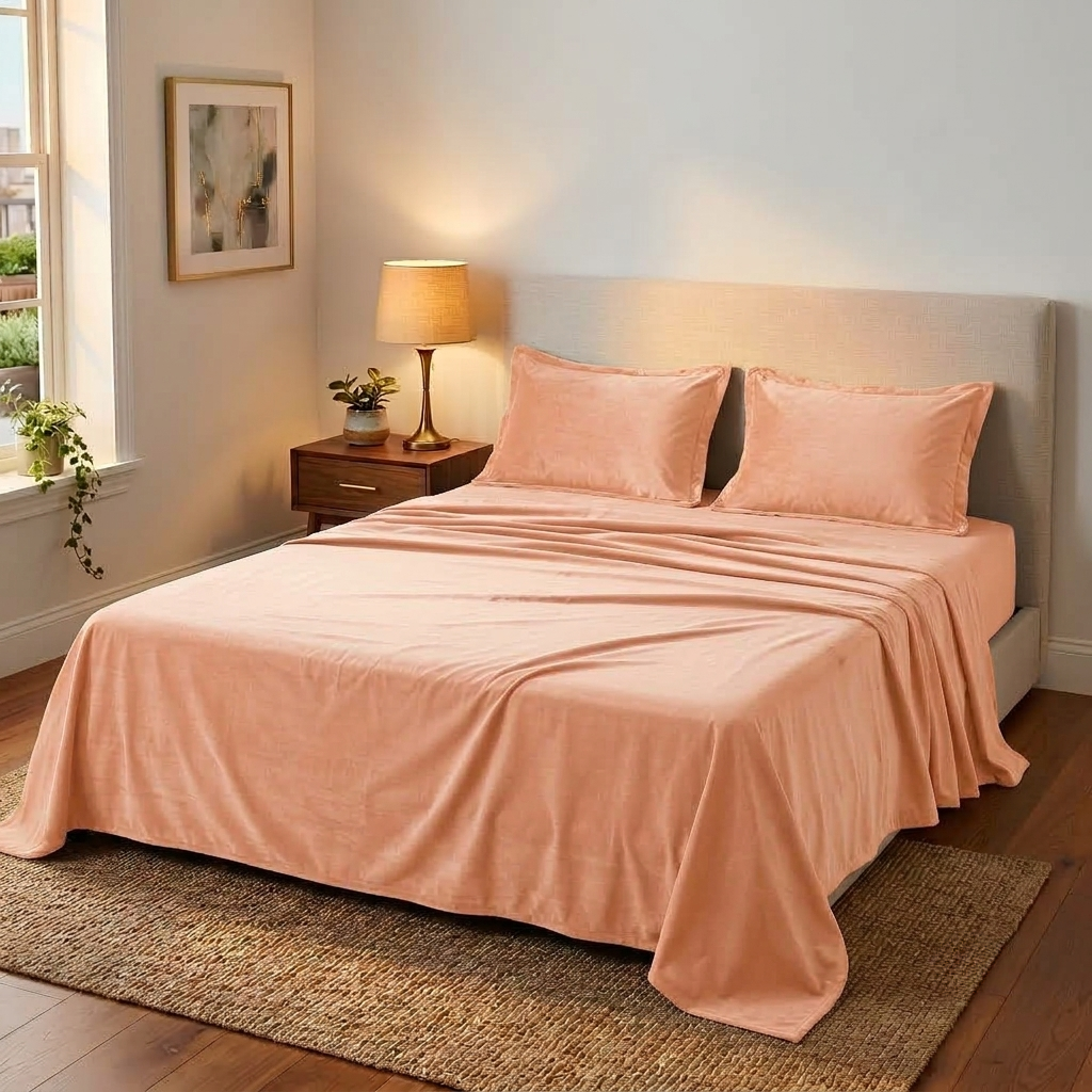 Peach Glow Velvet Winter Bedsheet (Light Peach)