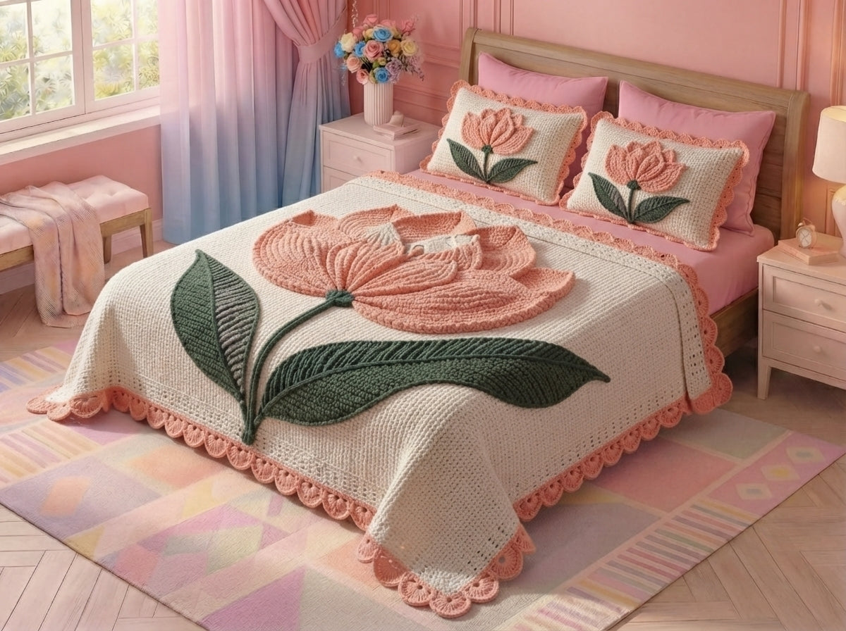 Blush Tulip 280-TC Printed Crochet Paradise Bedsheet Set - (Pink & White)