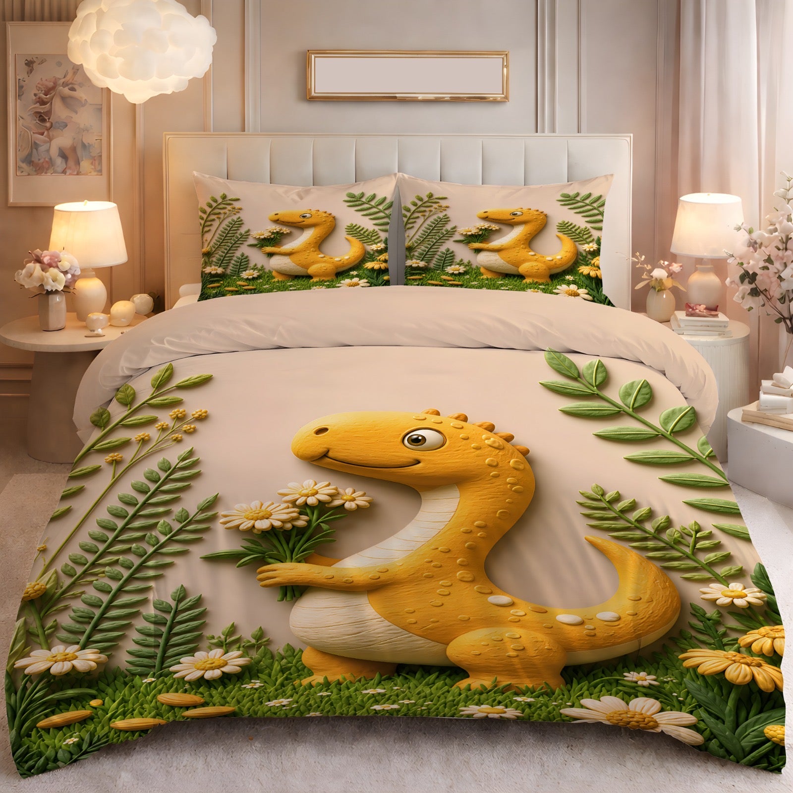 Fairy Tale Dino Bloom 7D Bedsheet Set – (Sage Green)