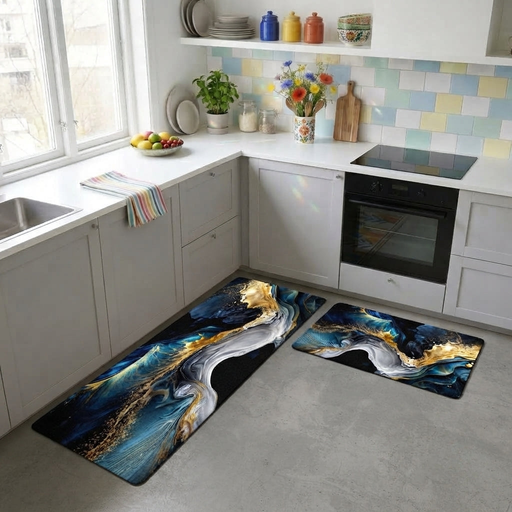 Virasaah Golden Swirl Designer Floor Mat (Blue & Black)