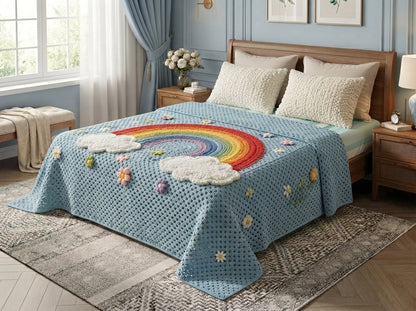 Rainbow Cloud 280-TC Printed Crochet Paradise Bedsheet Set - (Sky Blue)