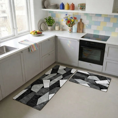 Virasaah Geometric Blocks Designer Floor Mat (Grey & Black)