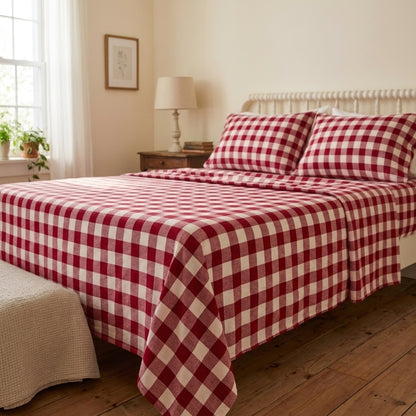 Red Cherry 320-TC Cherry Gingham Bedsheet (Red & Ivory)