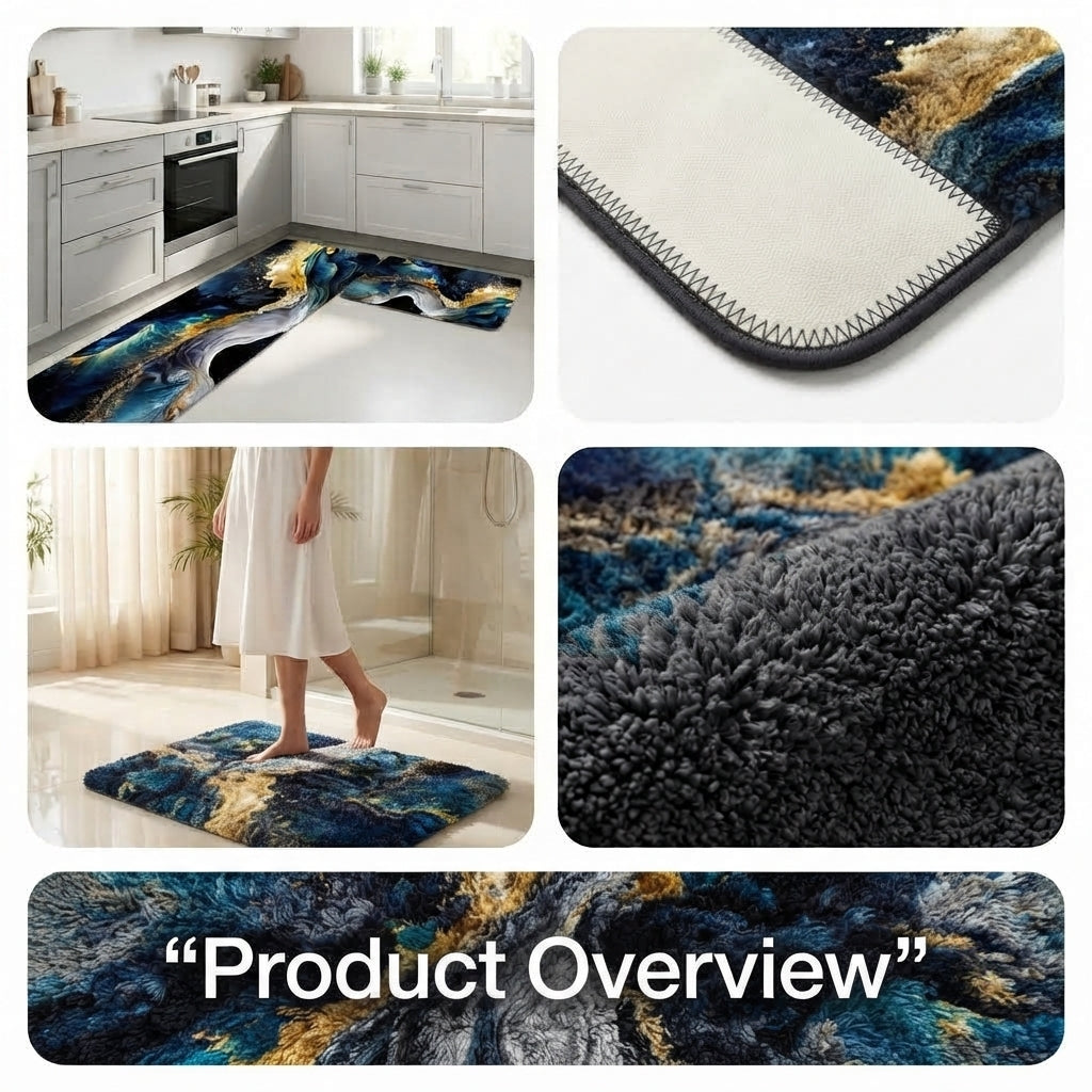 Virasaah Golden Swirl Designer Floor Mat (Blue & Black)