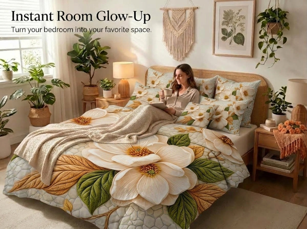 Floral Reverie 280-TC Printed 7D Bedsheet Set – (Cream & Sage)