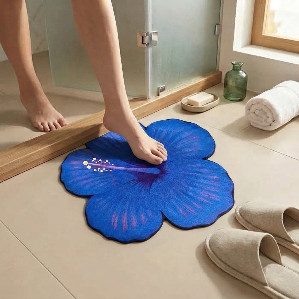 Blue Hibiscus Bloom Designer Floor Mat (Blue)