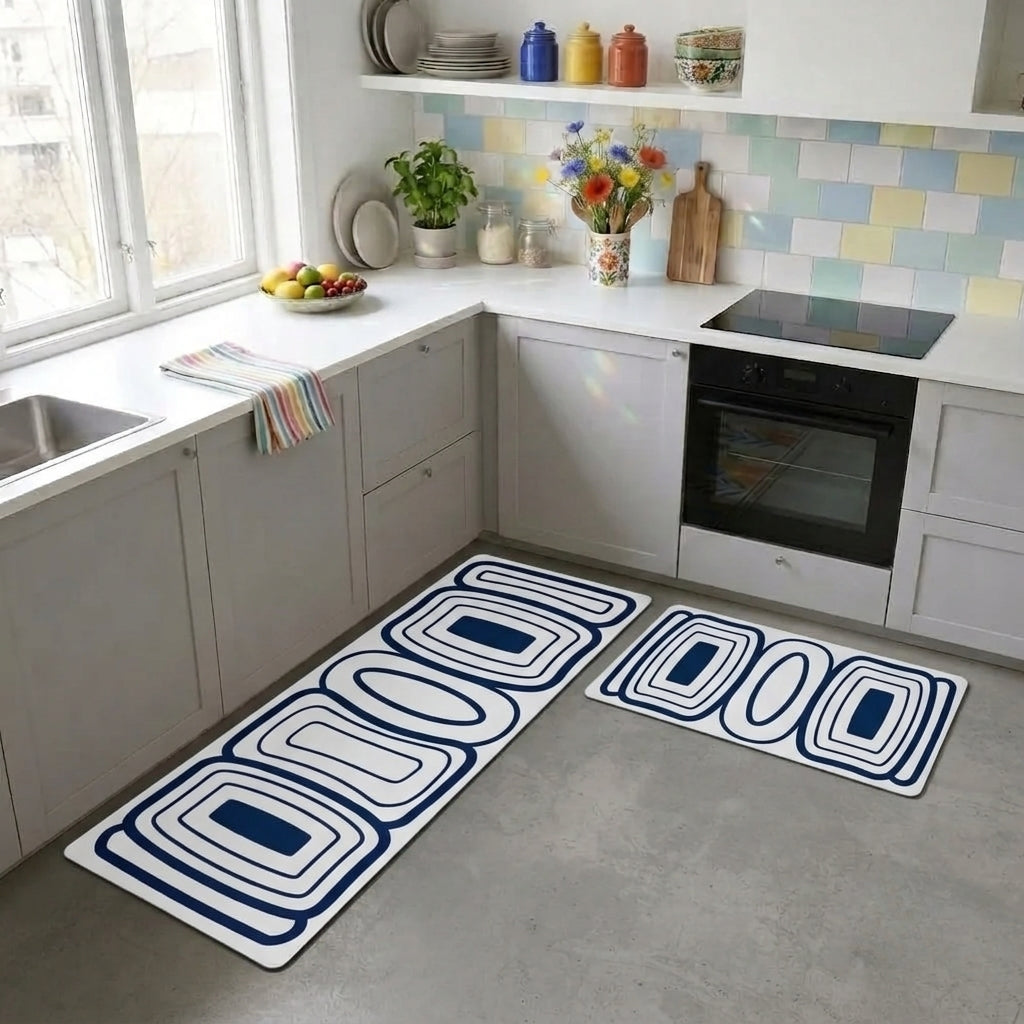 Virasaah Navy Grid Designer Floor Mat (Blue & White)