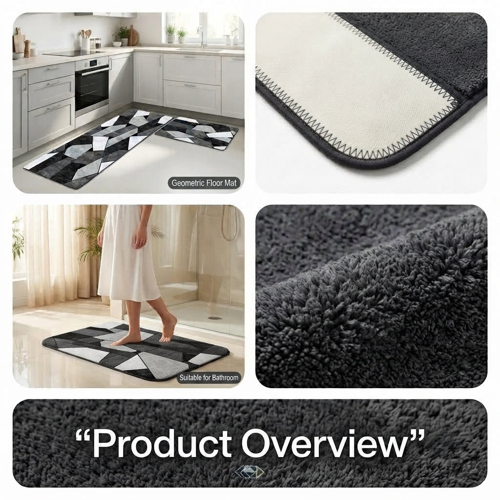 Virasaah Geometric Blocks Designer Floor Mat (Grey & Black)