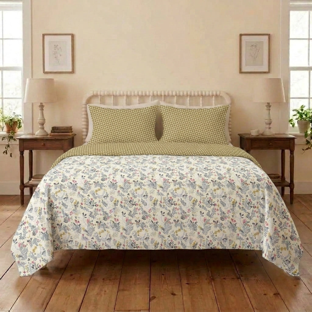 Cedar Print Cotton Bedsheet & Comforter Set
