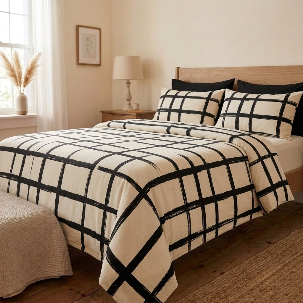 Monochrome Grid 320-TC Cherry Gingham Bedsheet (Black & Ivory)