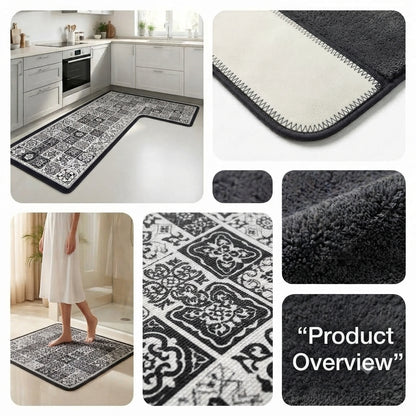 Virasaah Black & White Vintage Tile Designer Floor  Mat