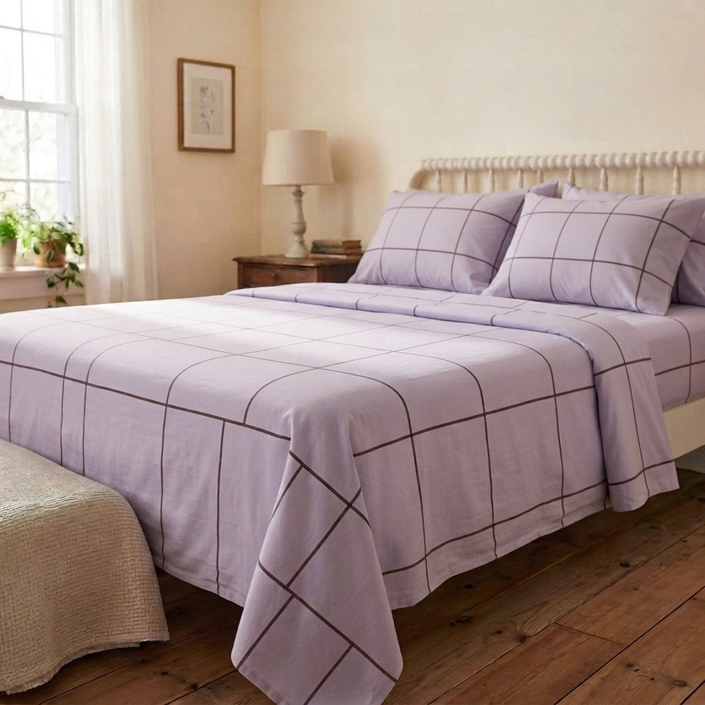 Lavender Line 320-TC Cherry Gingham Bedsheet (Lilac & Purple)