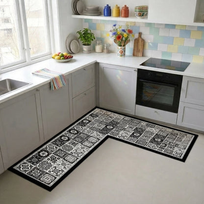 Virasaah Black & White Vintage Tile Designer Floor  Mat