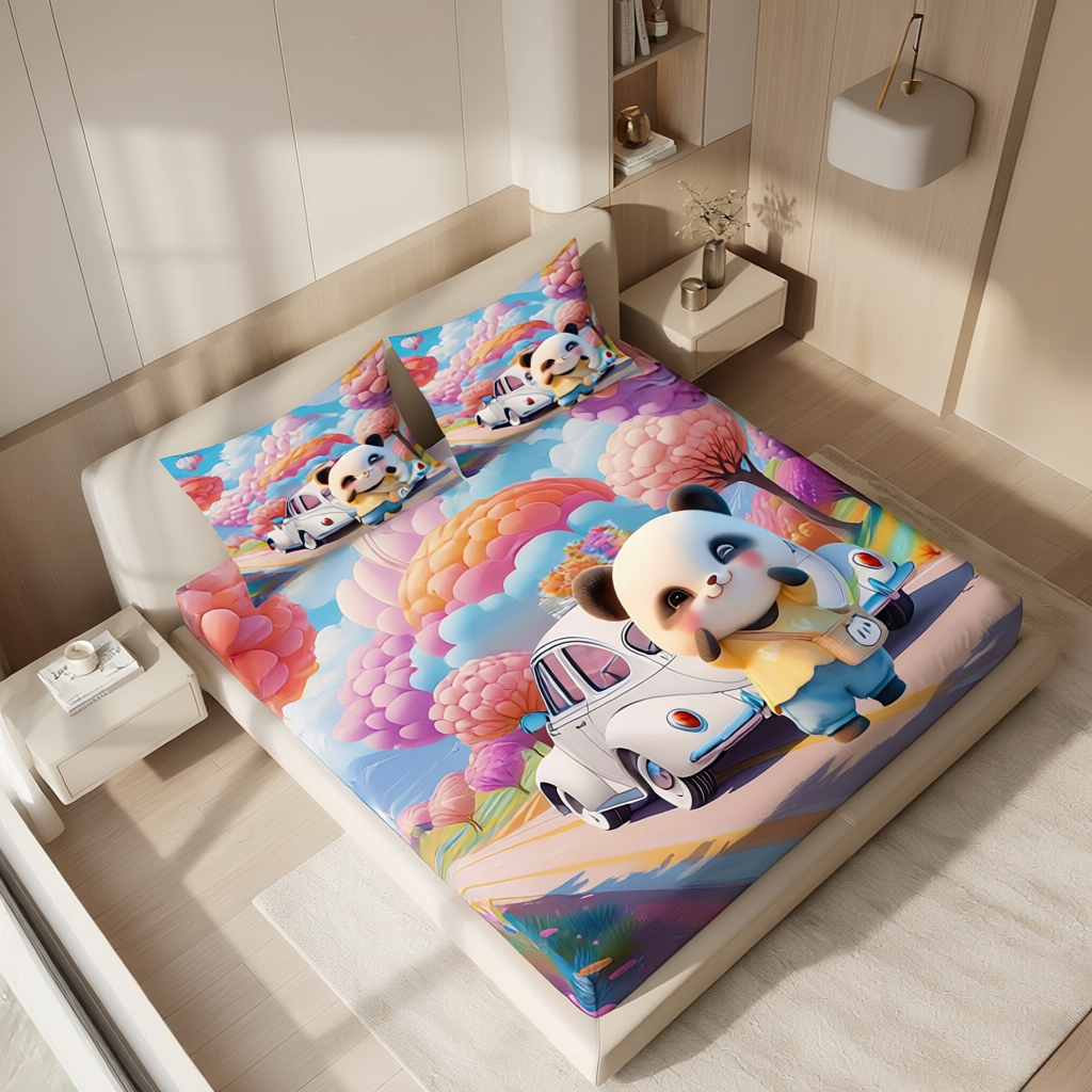 Fairy Tale Cute Panda 7D Bedsheet  Set – Blue