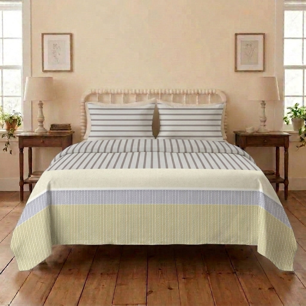 Linen Stripe Cotton Bedsheet & Comforter Set