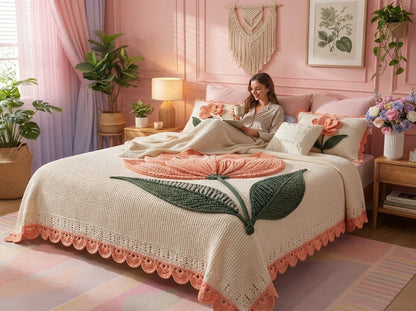 Blush Tulip 280-TC Printed Crochet Paradise Bedsheet Set - (Pink & White)