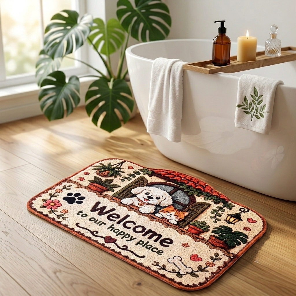 Happy Paws Welcome Designer Floor Mat (Cream & Brown)