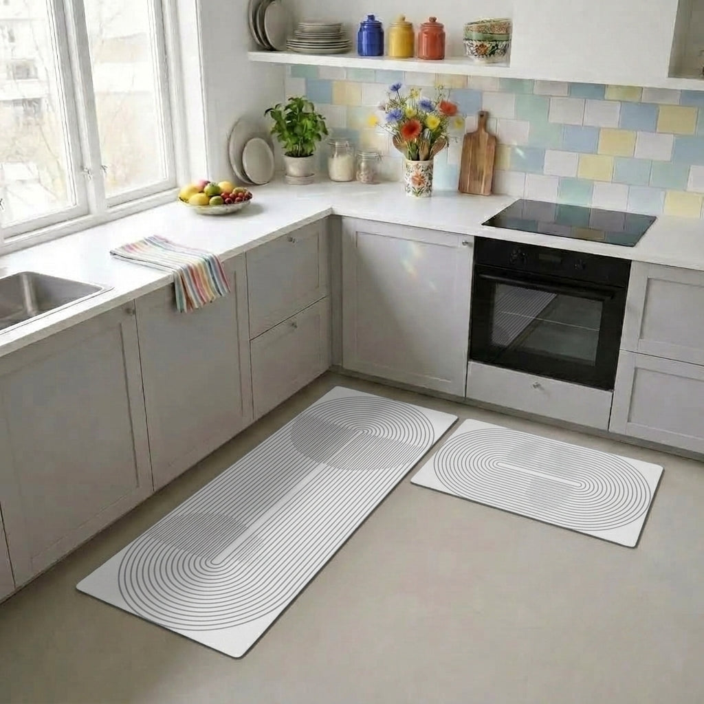 Virasaah Linear Wave Designer Floor Mat (White & Grey)