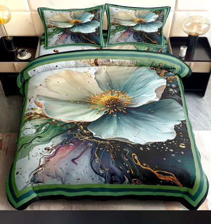 7D Celestial Petal Premium King Size Bedsheet (Green-White)