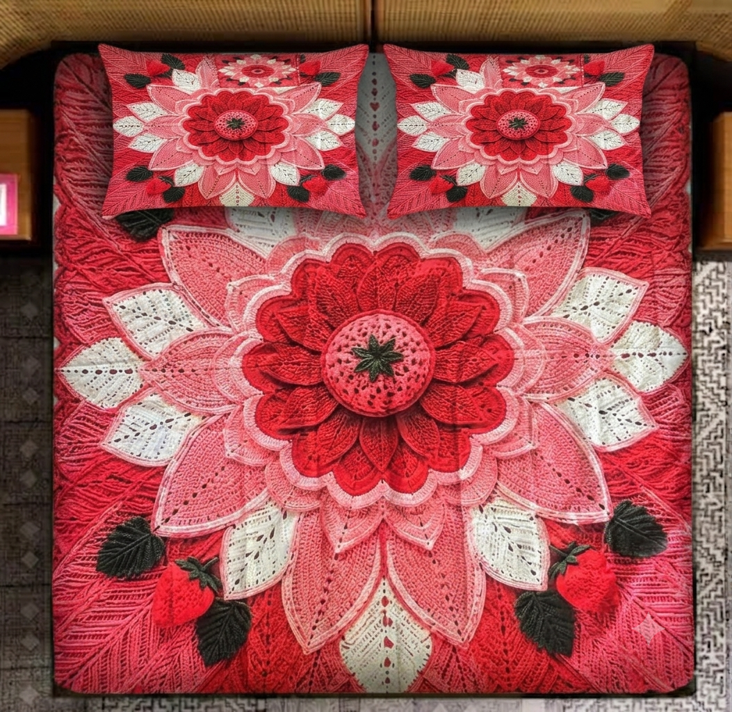 Strawberry Bloom 280-TC Printed Crochet Paradise Bedsheet Set - (Red)